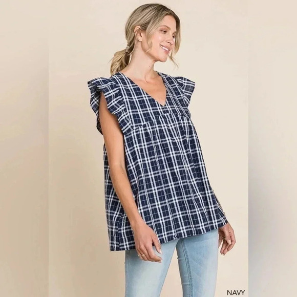 Women’s Navy Ruffle Plaid V Neck Top - Picture 2 of 5